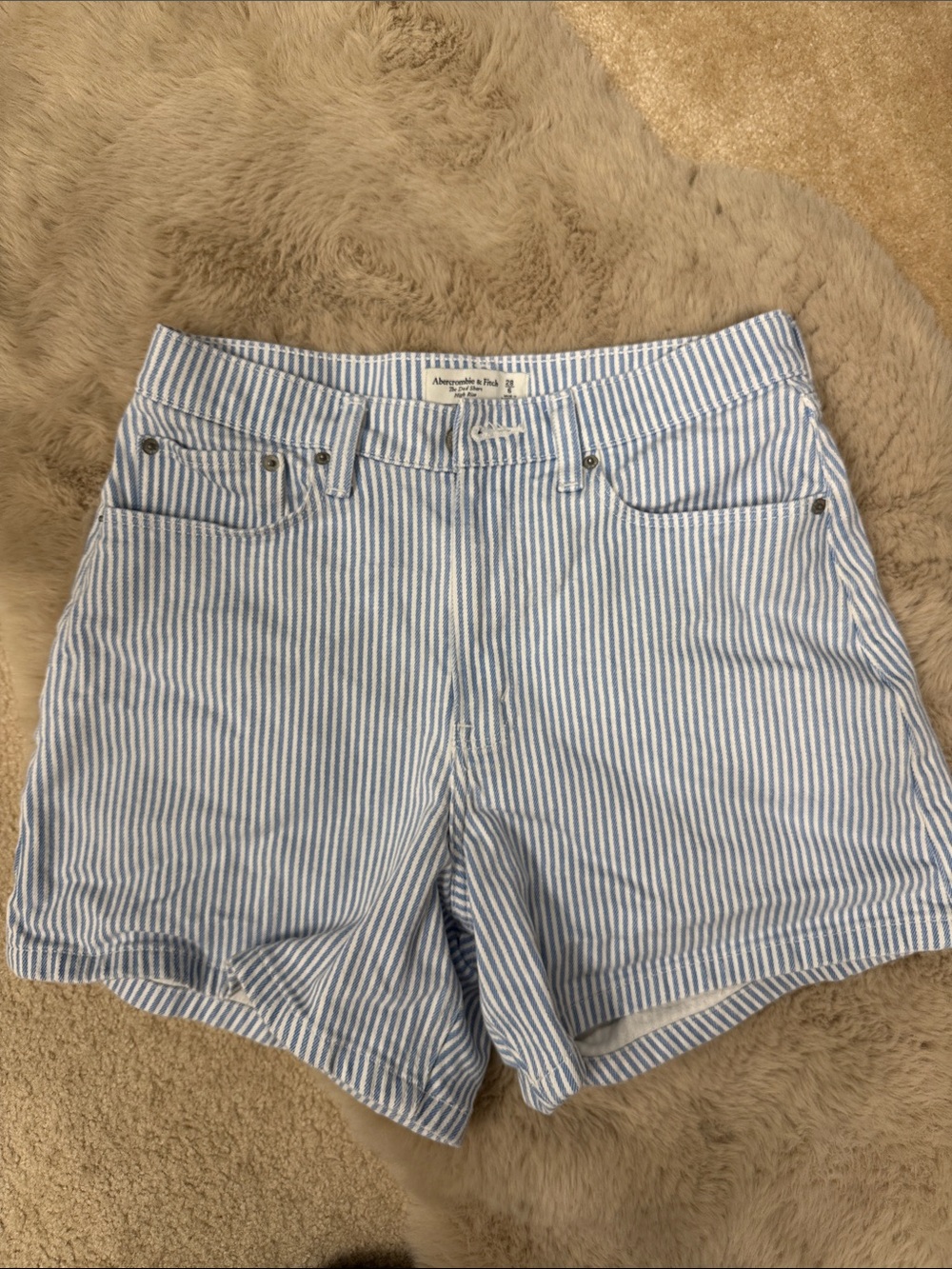Abercrombie & Fitch Light Blue and White Striped Denim Shorts